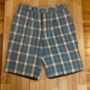 Blue and Gray Flat Front Shorts with Plaid Design.op-632